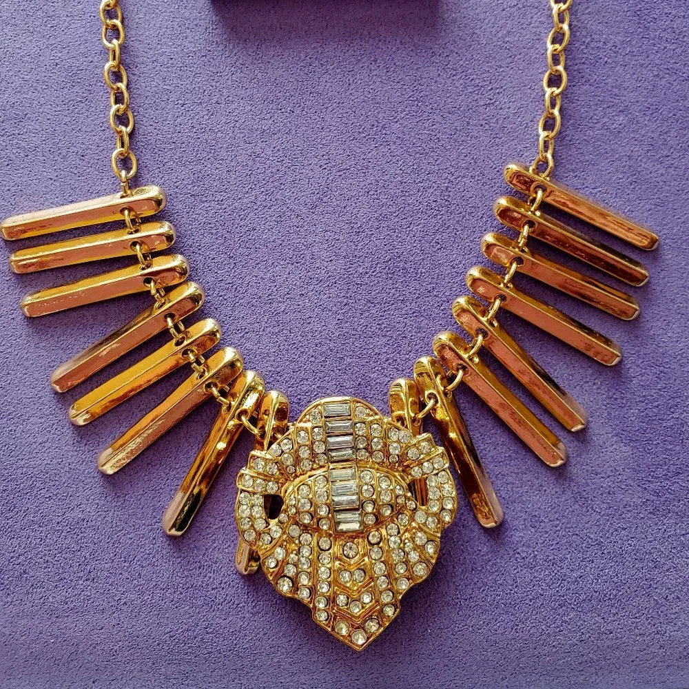 NEW Statement Polished Gold Fringe Rhinestone Center Dressy Runway Necklace